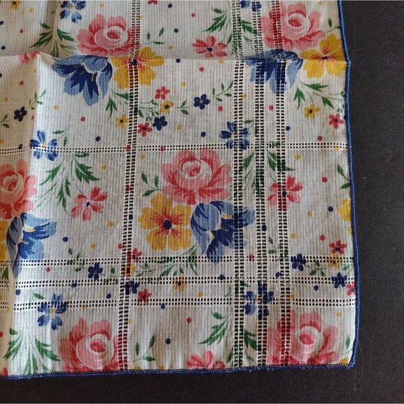 Vintage Cotton Hankies Handkerchief Rose Floral Design Country Cottage Core Blue - Picture 2 of 5